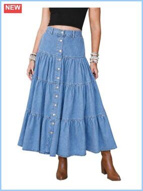 Denim Maxi Skirt Tiered Flowy Long Jean Skirt with Pockets